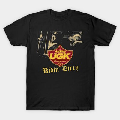 Black UGK Ridin' Dirty t-shirt, featuring vintage car graphics and bold lettering, cotton material, casual style.