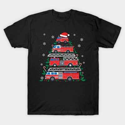 Black t-shirt with festive fire truck and Christmas tree design, featuring snowflakes and holiday decorations.