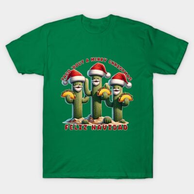 Green Christmas-themed T-shirt with cactus wearing Santa hats, featuring festive "Feliz Navidad" and taco design.