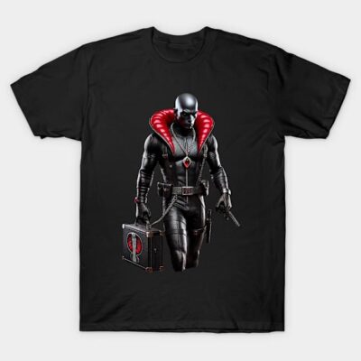 Black T-shirt with a graphic design featuring a character in a dark outfit holding a briefcase, red accents, cotton fabric.