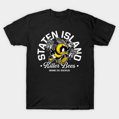 Black graphic t-shirt featuring Staten Island Killer Bees design, casual wear, 100% cotton, unisex style.