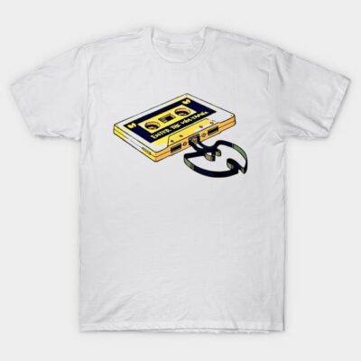 White cotton t-shirt with vintage cassette tape graphic, retro style, casual wear.