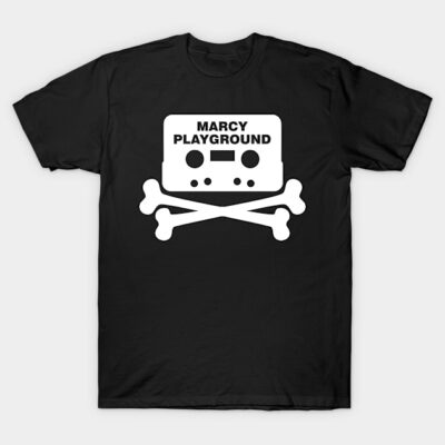 Black unisex cotton t-shirt with cassette and crossbones graphic, casual wear, music-themed design.