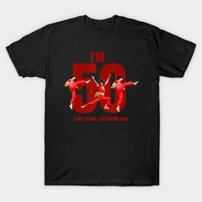 Black T-shirt with "I'm 50" design in red, featuring a person kicking, ideal for birthday celebrations.