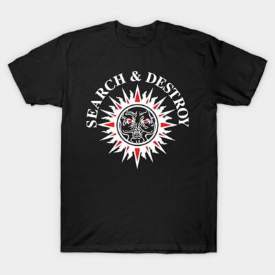 Black t-shirt with "Search & Destroy" graphic design, featuring a stylized sun and face motif, casual wear.