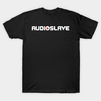 Black cotton T-shirt with bold white "Audioslave" text and red flame logo on chest, casual unisex style.
