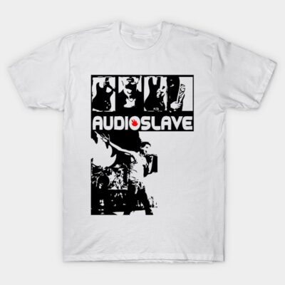 White graphic t-shirt with black and white design, featuring text and abstract imagery, casual wear, cotton material.