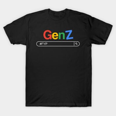 Black "Gen Z" graphic t-shirt with colorful text and search bar design, casual style, cotton material.