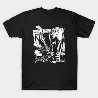 Black graphic t-shirt with vintage guitar print, casual style, 100% cotton, ideal for music lovers and everyday wear.