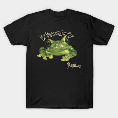 Black t-shirt featuring a green frog graphic and stylized text, casual wear, comfortable cotton fabric.