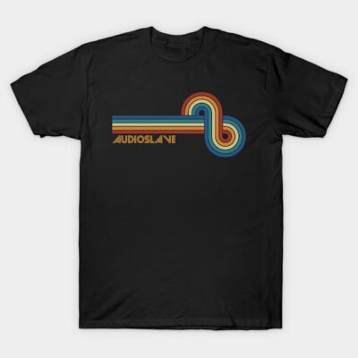 Black T-shirt with retro rainbow graphic and text design, casual style, ideal for everyday wear.