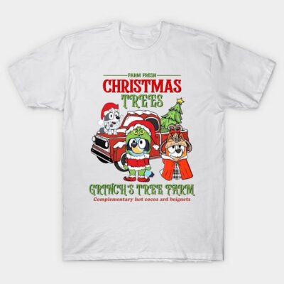 White Christmas-themed t-shirt with colorful cartoon design featuring festive characters and text, perfect for holiday wear.