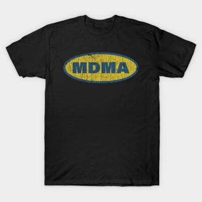 Black t-shirt with yellow oval and blue "MDMA" text, casual style, soft cotton fabric, perfect for everyday wear.