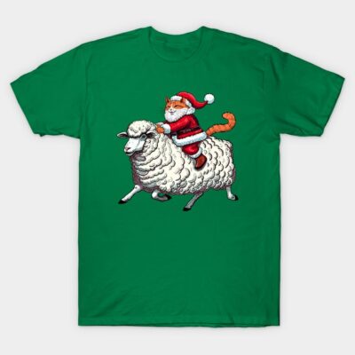 Green t-shirt with festive cat in Santa costume riding a sheep. Christmas-themed graphic tee for casual wear.