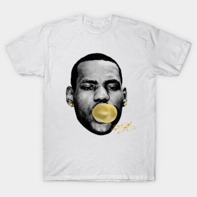 White t-shirt with graphic print of a person blowing a bubble, casual style, 100% cotton, unisex design.