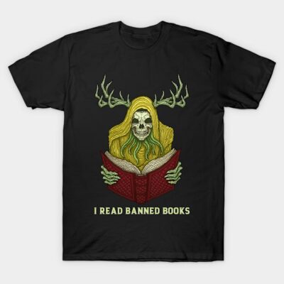 Black t-shirt with skeleton reading book design, "I Read Banned Books" text, casual style, cotton material.