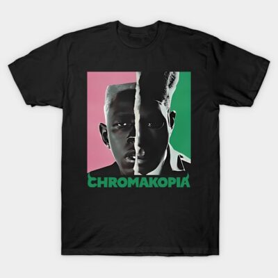 Black cotton T-shirt featuring abstract graphic design with pink and green background, bold "Chromakopia" text.