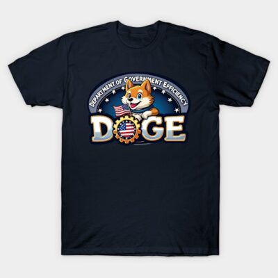 Navy blue T-shirt with playful cartoon dog design, "Department of Government Efficiency" text, casual wear cotton tee.