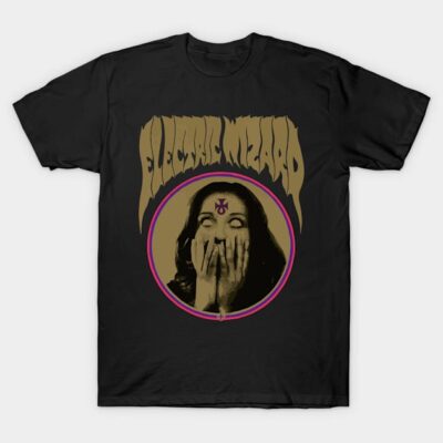 Black graphic t-shirt with vintage horror design, featuring distressed text and eerie illustration, casual wear.