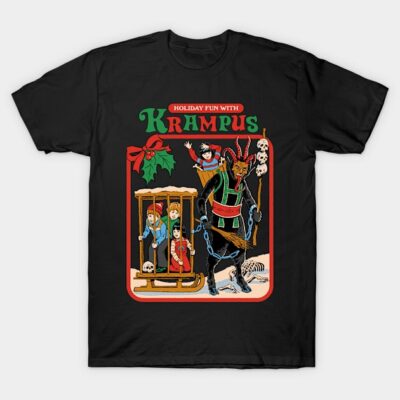 Black Krampus-themed T-shirt, featuring festive holiday design with vibrant colors, perfect for unique seasonal wear.