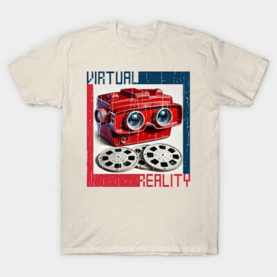 Cream-colored t-shirt with retro red virtual reality graphic design, ideal for casual wear and tech enthusiasts.
