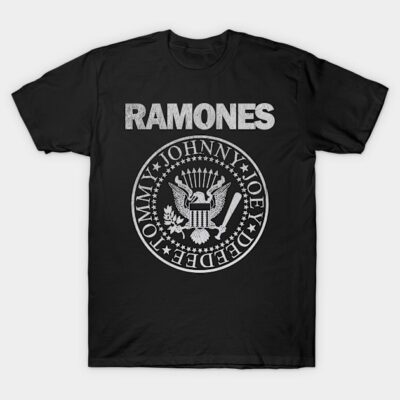 Black Ramones t-shirt featuring classic logo design, unisex casual style, ideal for music fans, made of soft cotton.
