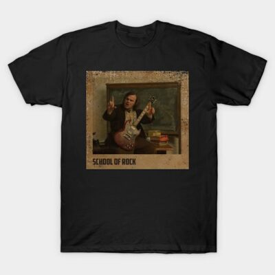 Black "School of Rock" t-shirt featuring guitar design, cotton material, casual wear, unisex style, music theme.