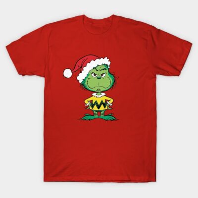 Red Christmas-themed t-shirt featuring green cartoon character in Santa hat, ideal for holiday wear.