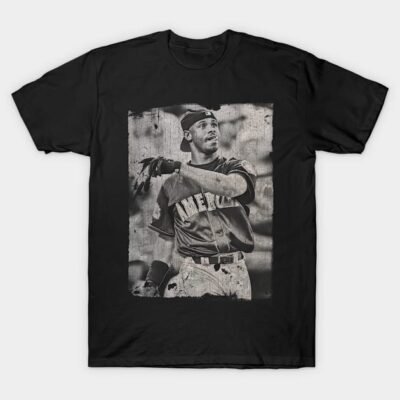 Black vintage-style baseball-themed graphic T-shirt, featuring distressed print, perfect for casual wear.