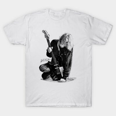 White graphic t-shirt featuring a kneeling musician with guitar, 100% cotton, casual wear, unisex design.