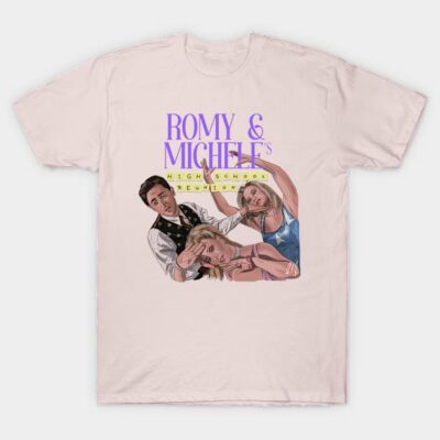Pink graphic tee featuring Romy & Michele's High School Reunion theme, ideal for casual wear.