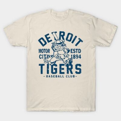 Cream retro Detroit Tigers baseball t-shirt with blue vintage print design, perfect for sports fans and casual wear.