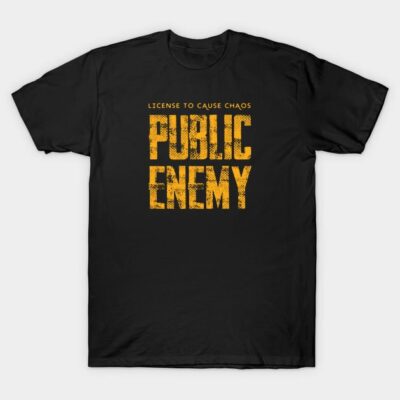 Black graphic t-shirt with "Public Enemy" text in bold yellow, made from 100% cotton, casual style for everyday wear.