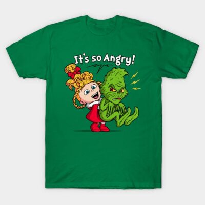 Green t-shirt with cartoon characters and "It's so Angry!" text, perfect for casual wear or gifts, made of soft cotton.