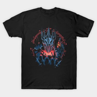 Black graphic t-shirt with illustrated fantasy design, featuring red and blue hues, made from 100% cotton.