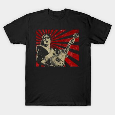 Black graphic t-shirt featuring vintage musician design with guitar and red sunburst background, ideal for music lovers.