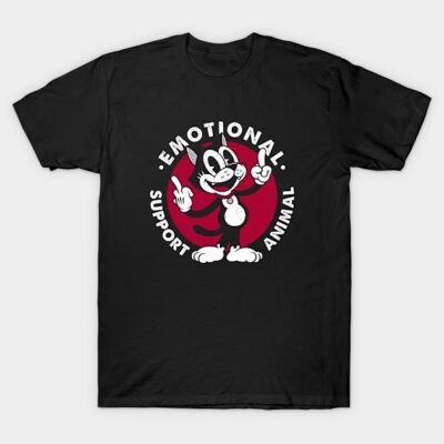 Black T-shirt with "Emotional Support Animal" graphic, casual style, cotton material, ideal for everyday wear.