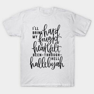 White t-shirt with black script text design, casual style, ideal for daily wear, soft cotton material for comfort.