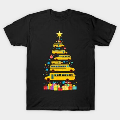 Black T-shirt with yellow school bus Christmas tree design, festive gifts, and star, perfect for holiday wear.
