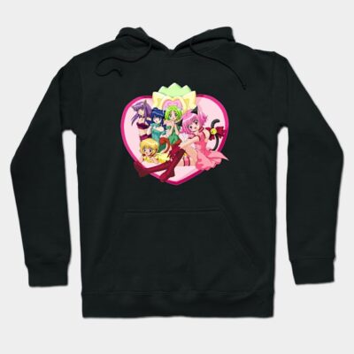 Black hoodie with colorful anime characters in a heart design, perfect for casual wear and anime fans.
