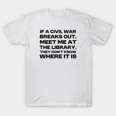 White cotton t-shirt with humorous text print about meeting at the library, casual style for daily wear.