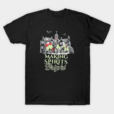 Black t-shirt with "Making Spirits Bright" design, featuring a festive scene with colorful accents, perfect for holidays.