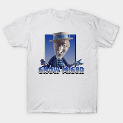 White t-shirt featuring Snow Miser graphic design, playful winter theme, casual wear, soft cotton material.