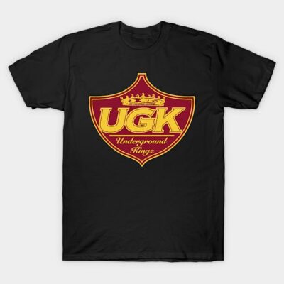 Black t-shirt with UGK Underground Kingz logo in red and yellow, casual style, cotton material, unisex design.