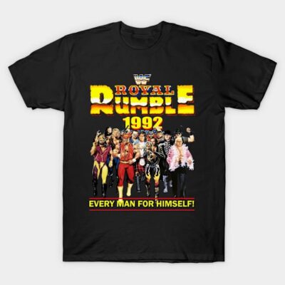 Black WWE Royal Rumble 1992 graphic T-shirt, featuring colorful retro wrestling design, casual cotton wear.