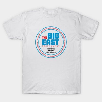 White cotton t-shirt featuring "The Big East Tournament" graphic in blue and red, casual sportswear.