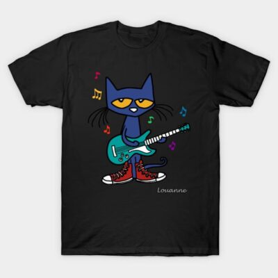 Black t-shirt featuring cat playing guitar graphic with colorful musical notes, casual style, cotton material.
