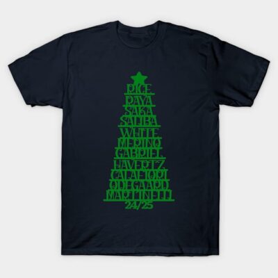 Navy blue T-shirt with green Christmas tree design, featuring festive text. Ideal for holiday wear, 100% cotton.