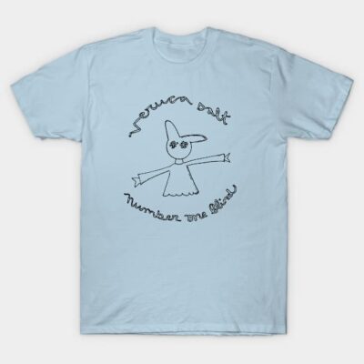 Light blue graphic t-shirt with abstract doodle design and curved text. Casual cotton tee for everyday wear.
