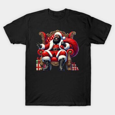 Black t-shirt with Santa Claus design, featuring red and white colors, perfect for Christmas celebrations.